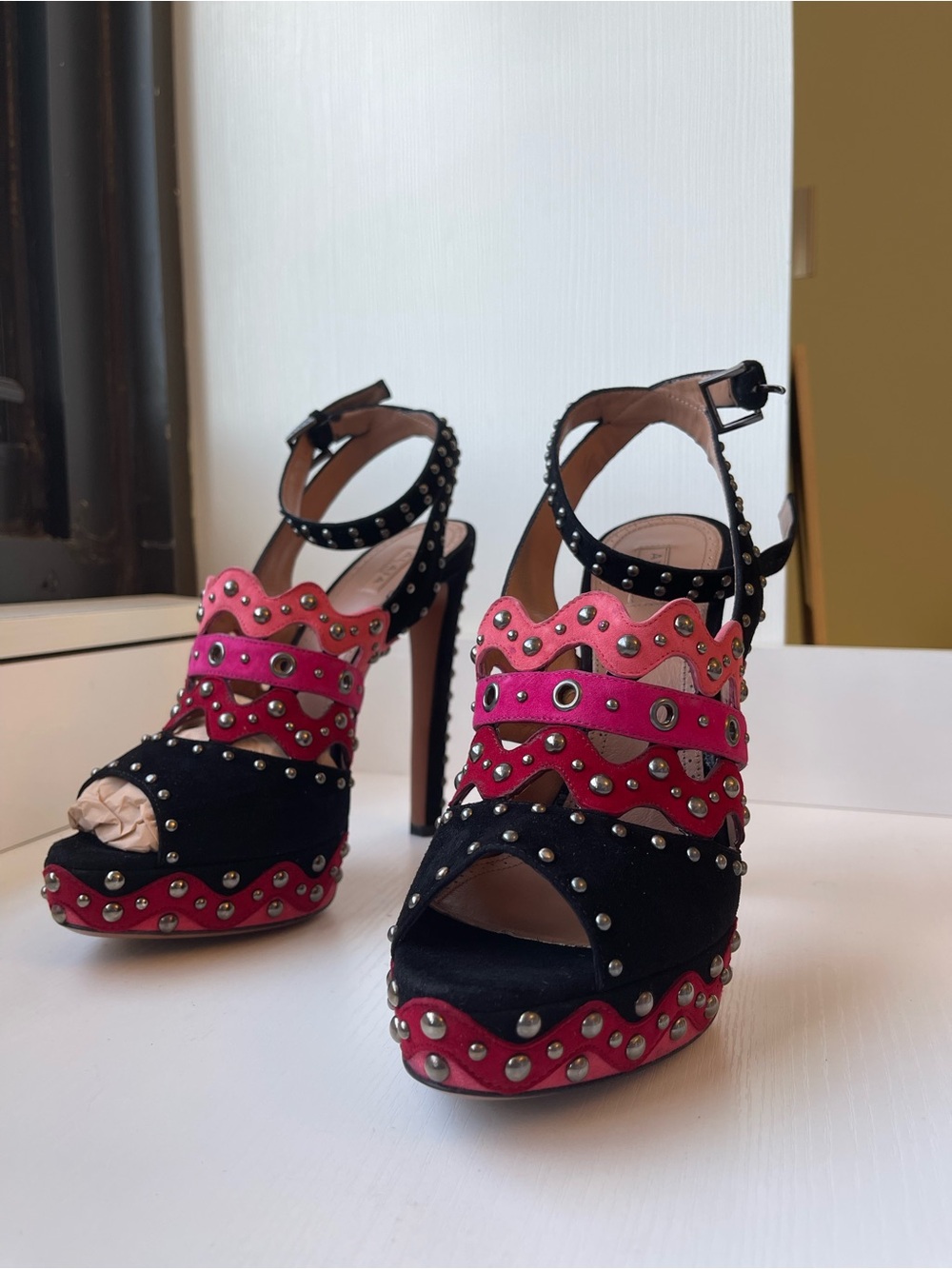 Alaia Black, Pink and Red Scalloped Studded Platform Sandals - Picture 5 of 12